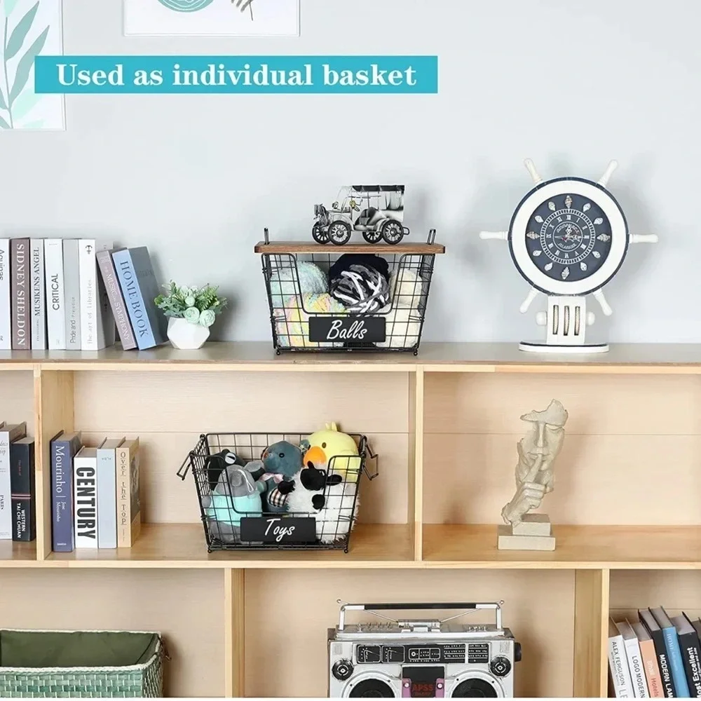 NIB 2 Stackable Wire Storage Baskets with Wood Lid and Chalkboards